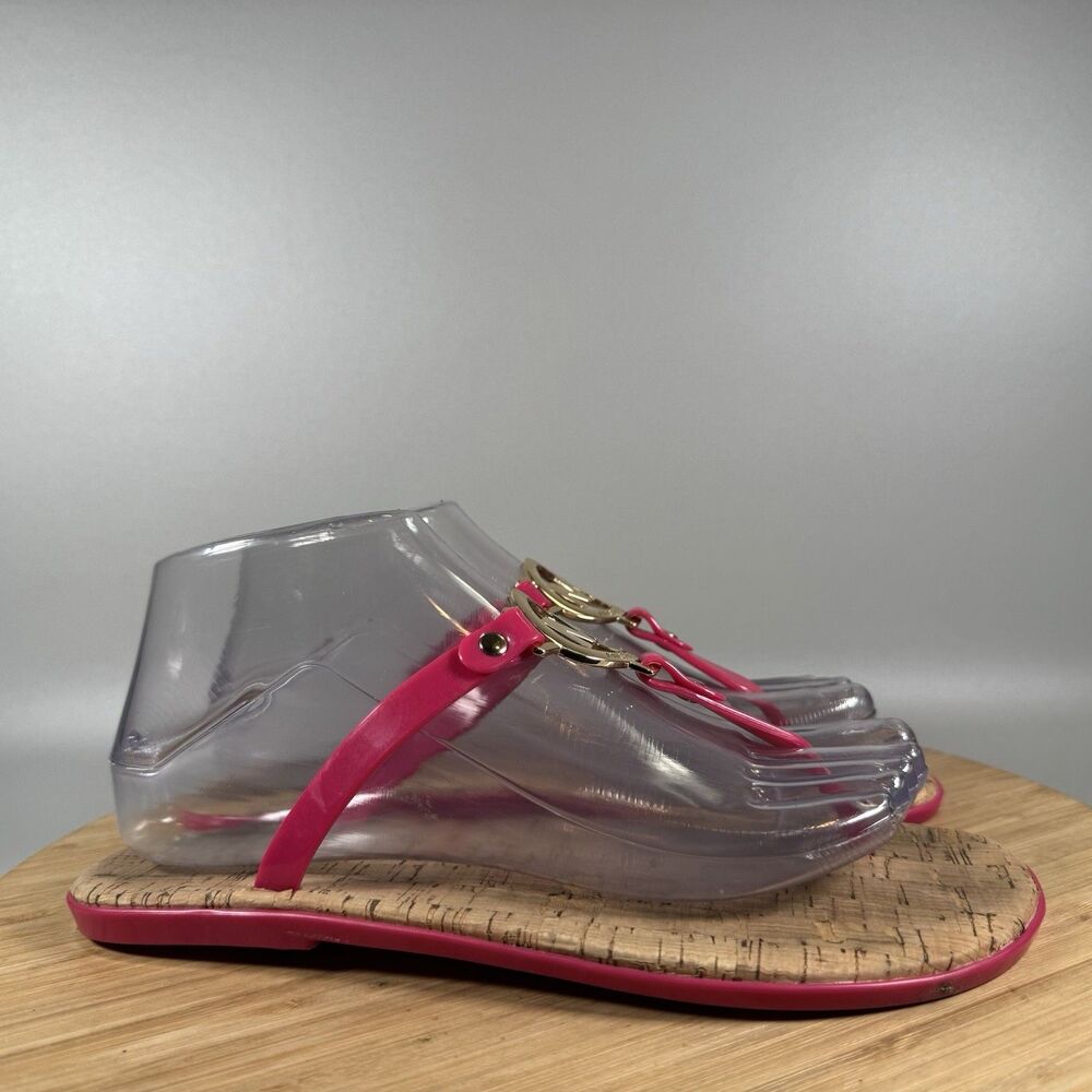 MK Michael KORS Cork Flat Thong‎ Sandals MK Logo Jelly PVC Sz. 7 Gold Hardware